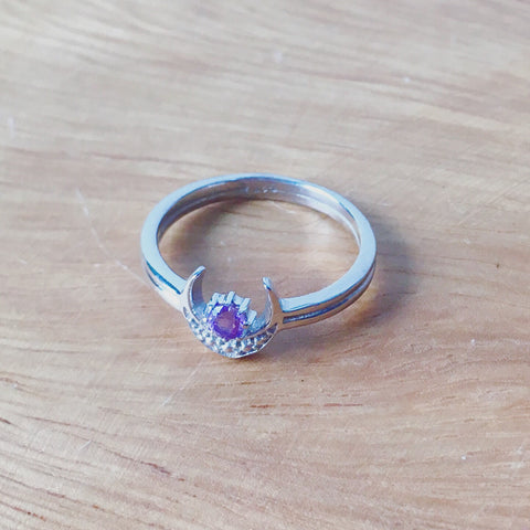Sterling Silver Amethyst Moon Stack Ring