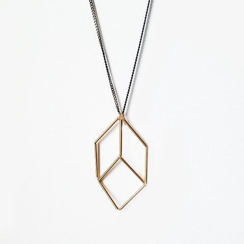 Brass cube optical illusion geometric necklace